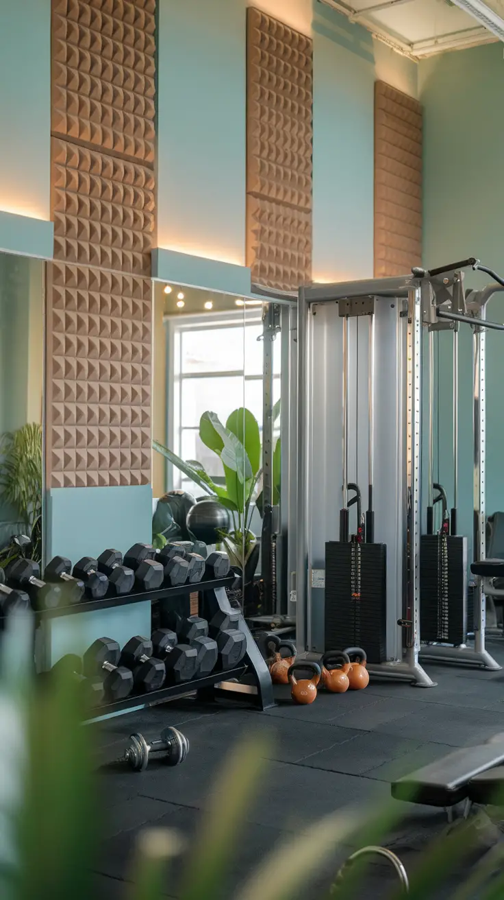 A gym featuring acoustic wall panels, dumbbells, kettlebells, and workout equipment.