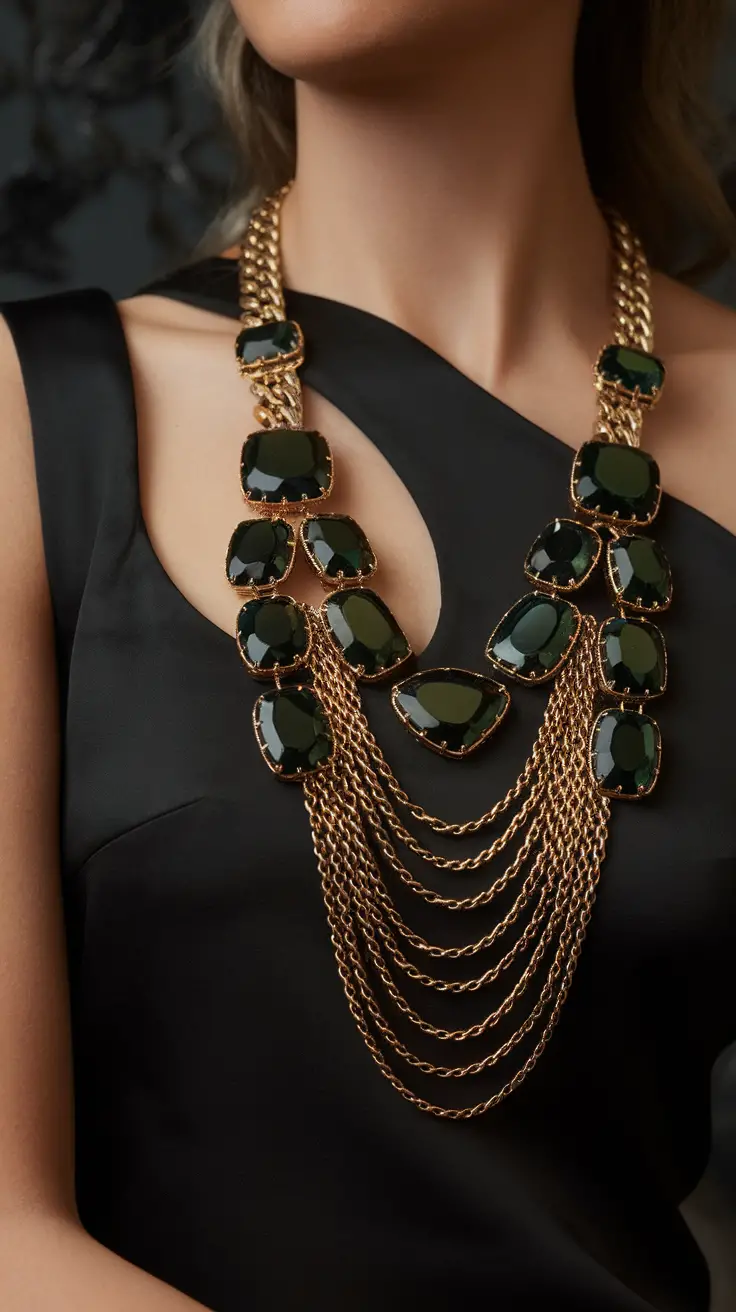 A close-up of a woman wearing a bold statement necklace over a black dress.