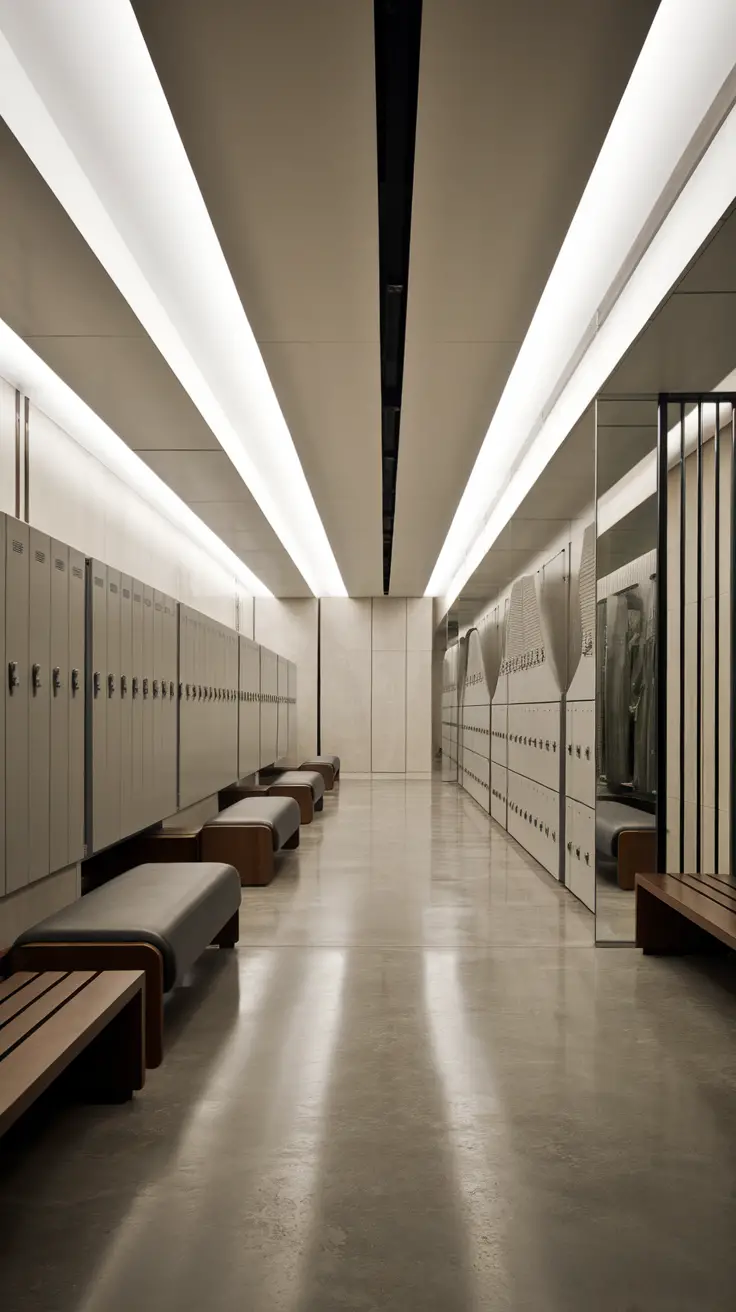 A modern gym changing room featuring lockers, benches, and bright lighting.