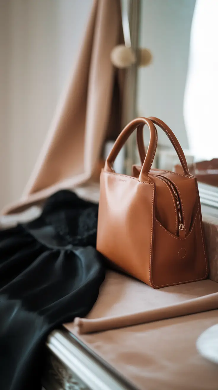 Stylish brown leather handbag next to a black dress on a dresser