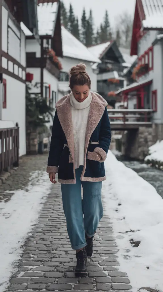 Person wearing chunky boots and baggy jeans walking in a snowy street