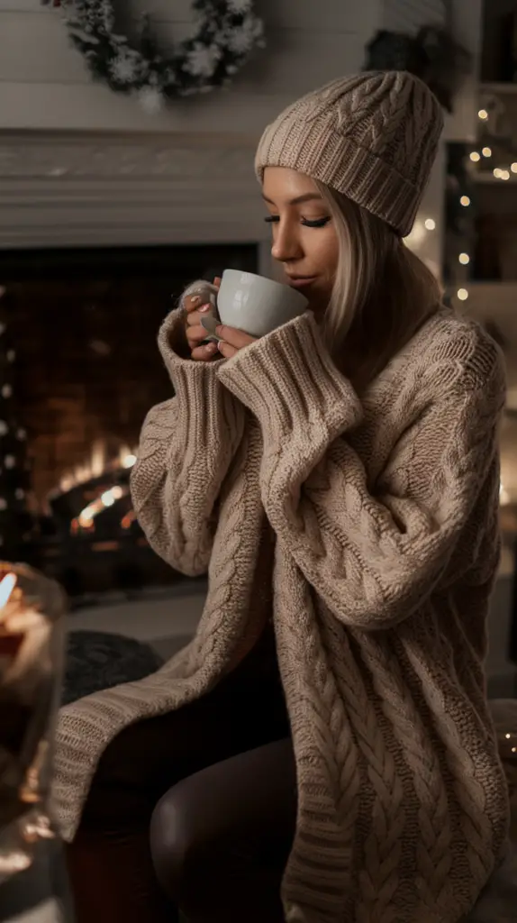 A woman in a chunky cable knit cardigan sipping a warm drink, sitting by a fireplace.