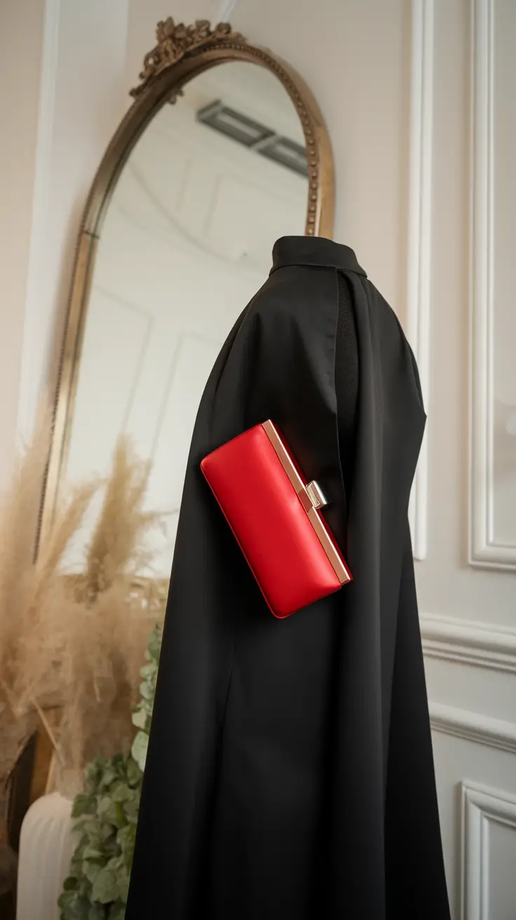 A classic red clutch next to a black dress, showcasing a stylish outfit combination.
