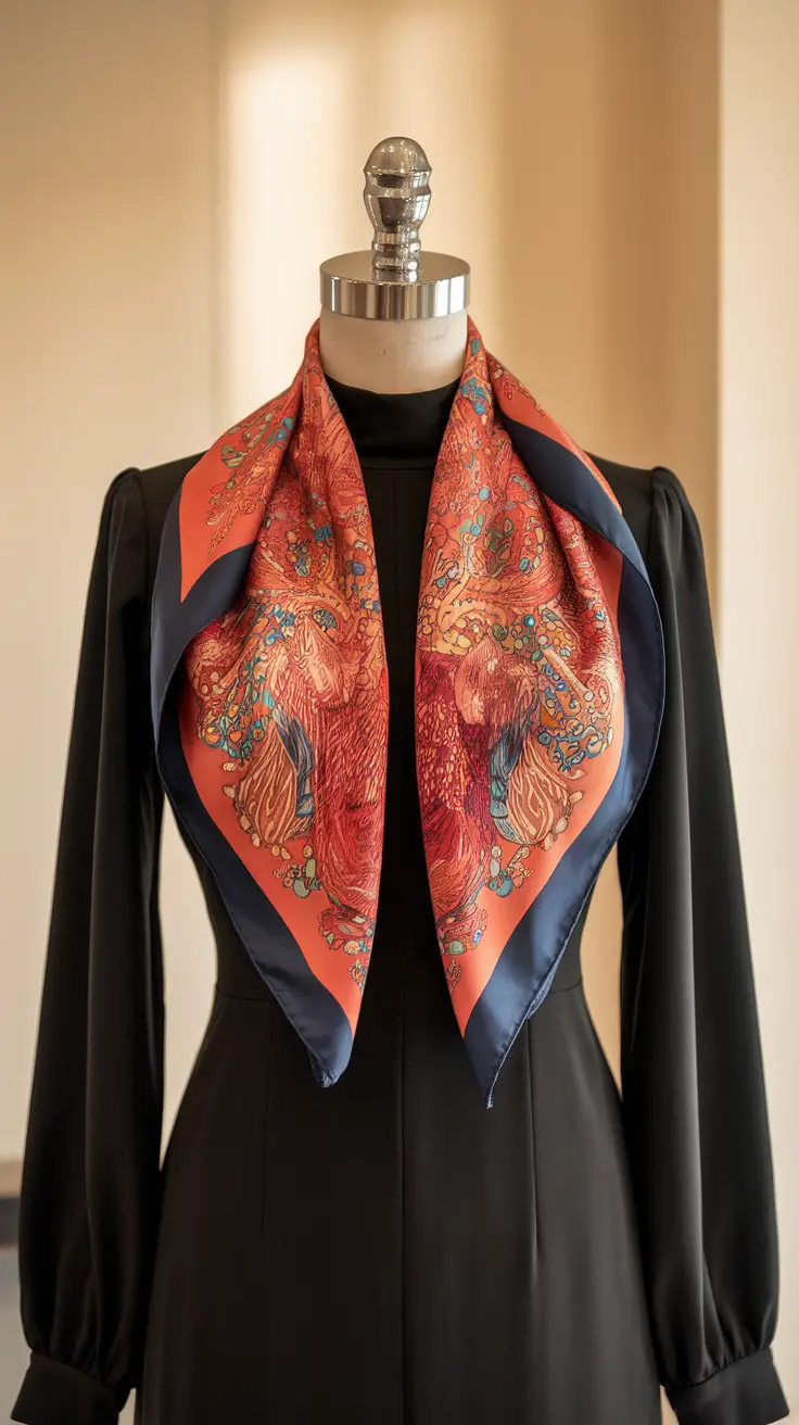 A colorful silk scarf draped around the neck of a black dress mannequin.