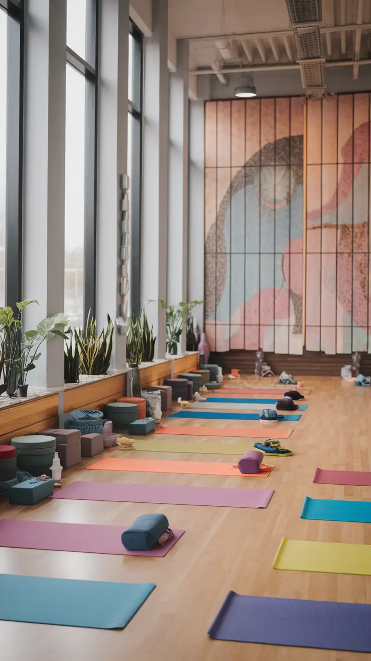 A colorful yoga studio featuring various mats and artistic wall decor