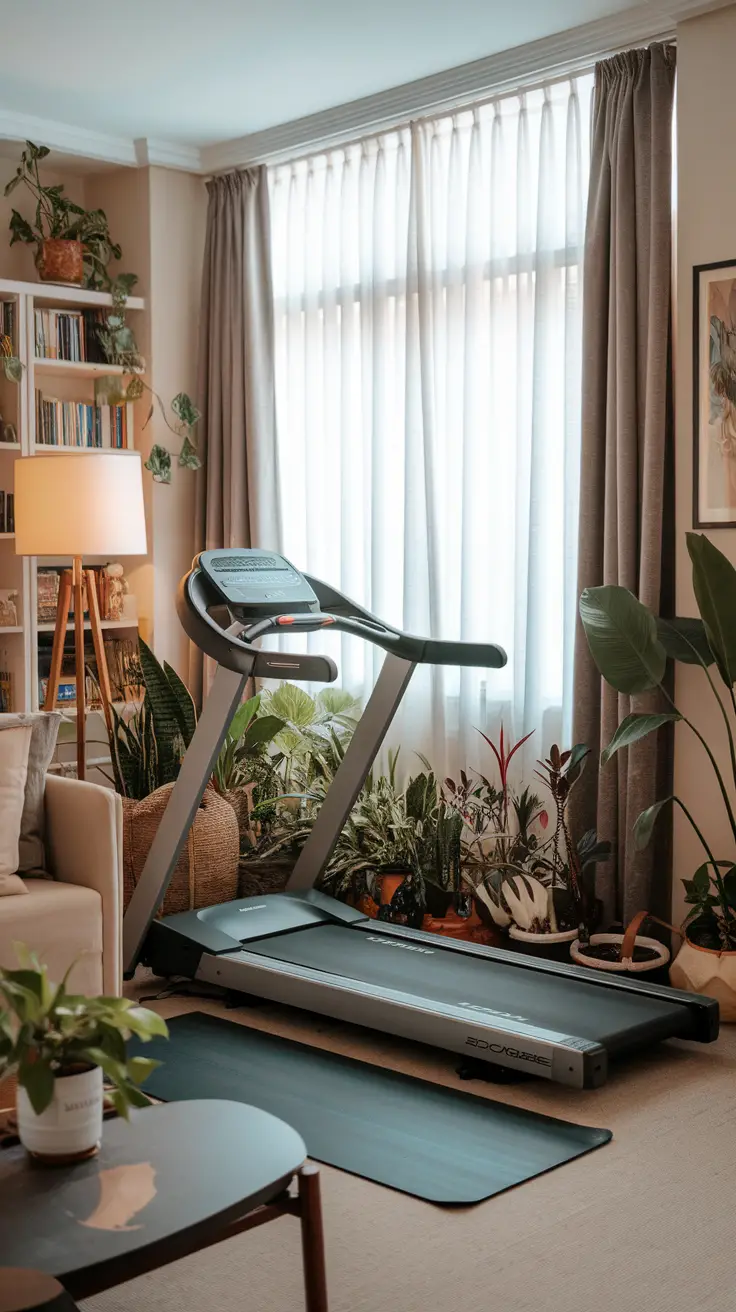 A cozy living area with a treadmill surrounded by plants and warm lighting, ideal for a compact cardio workout.