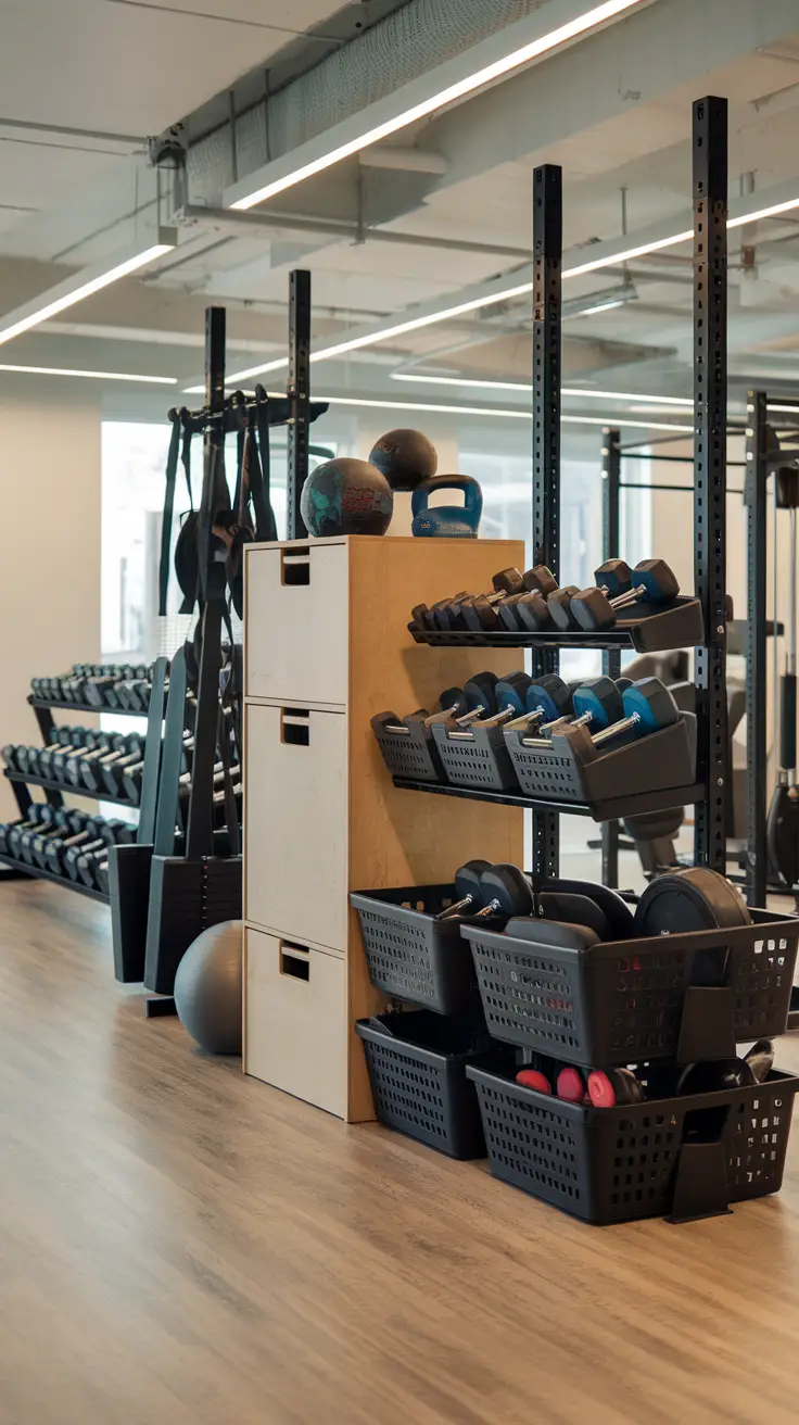 A modern gym interior showcasing organized storage solutions for workout equipment.