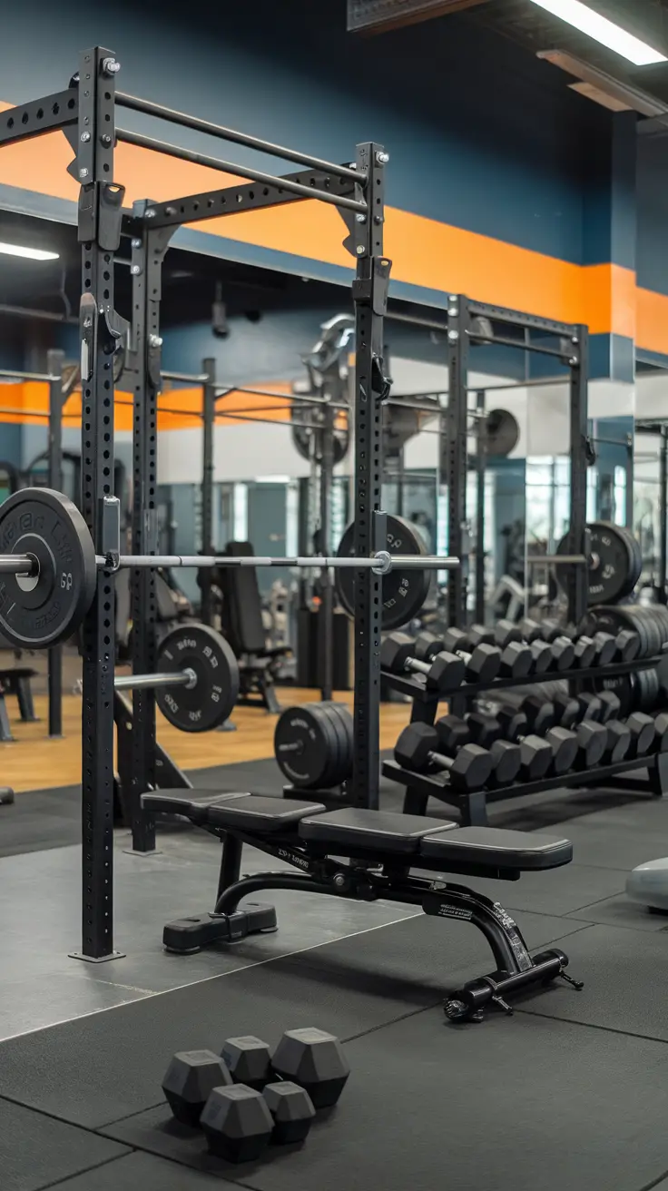 A well-organized gym with a power rack, dumbbells, and a bench, showcasing a customizable workout station.