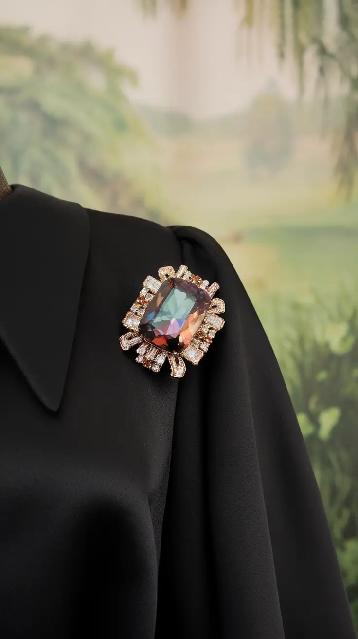 Close-up of a dramatic statement ring on a black dress