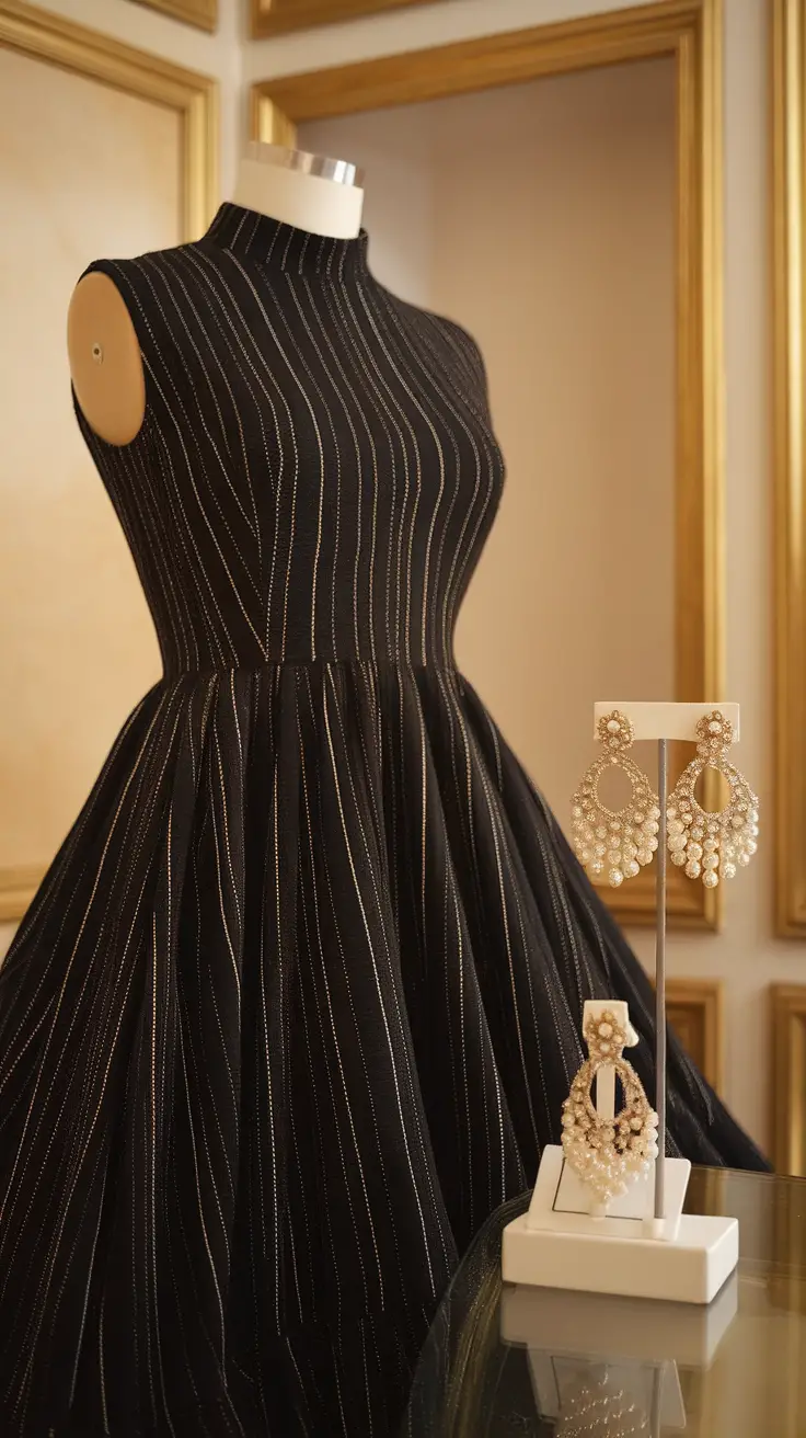 A black dress with pearl earrings displayed elegantly beside it, representing classy outfit accessories.