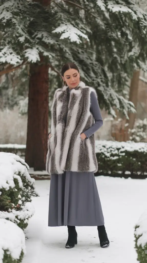 A woman wearing a faux fur vest over a long-sleeve dress, standing in a snowy outdoor setting.