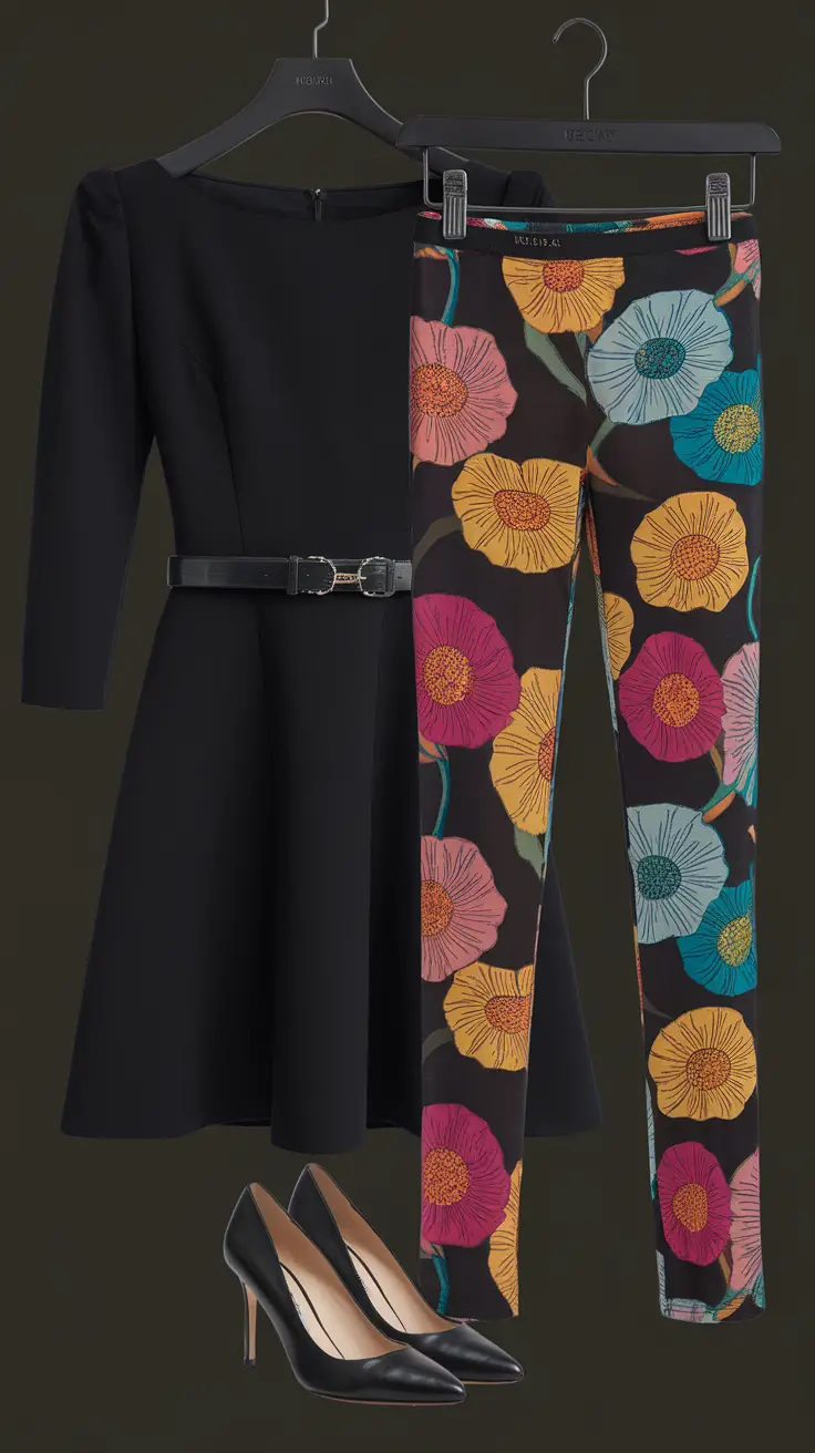 A black dress with a belt next to colorful floral printed tights and black high heels