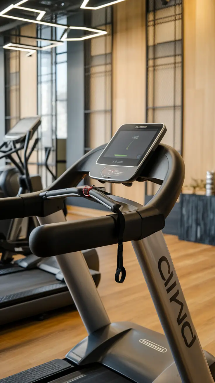 A modern treadmill with a sleek design and advanced display in a stylish gym setting.