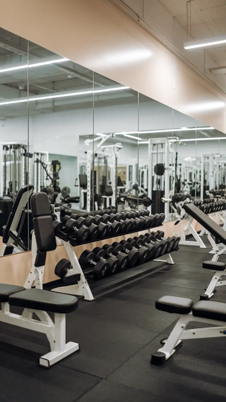 A gym with mirrored walls, weights, and workout benches