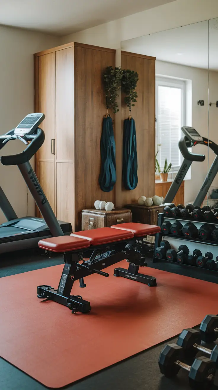A multi-use exercise bench in a home gym setting, surrounded by dumbbells and a treadmill.