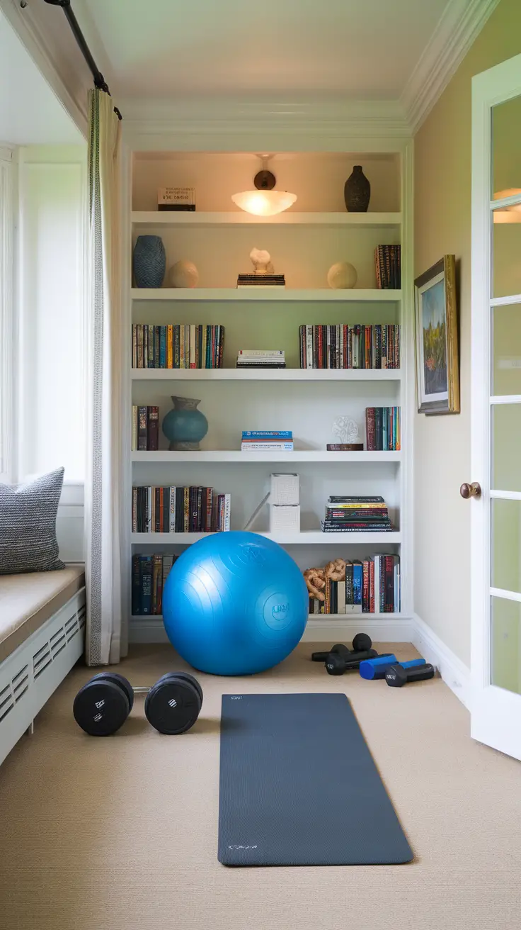 Cozy home gym setup featuring a blue stability ball, dumbbells, and a yoga mat in a well-decorated corner