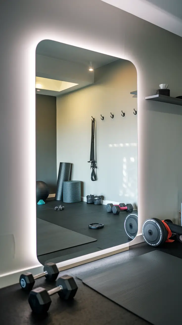 A stylish smart mirror fitness hub in a modern home gym environment