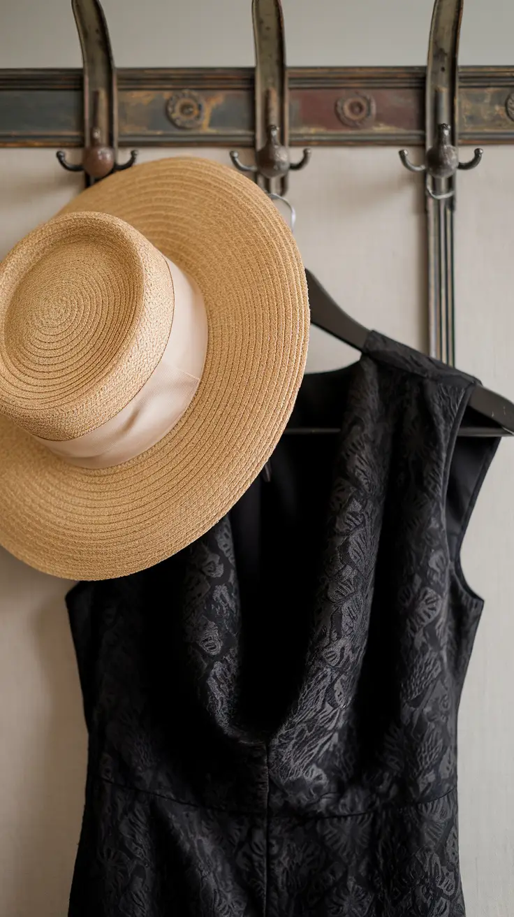 A wide-brim straw hat hanging over a textured black dress on a hanger