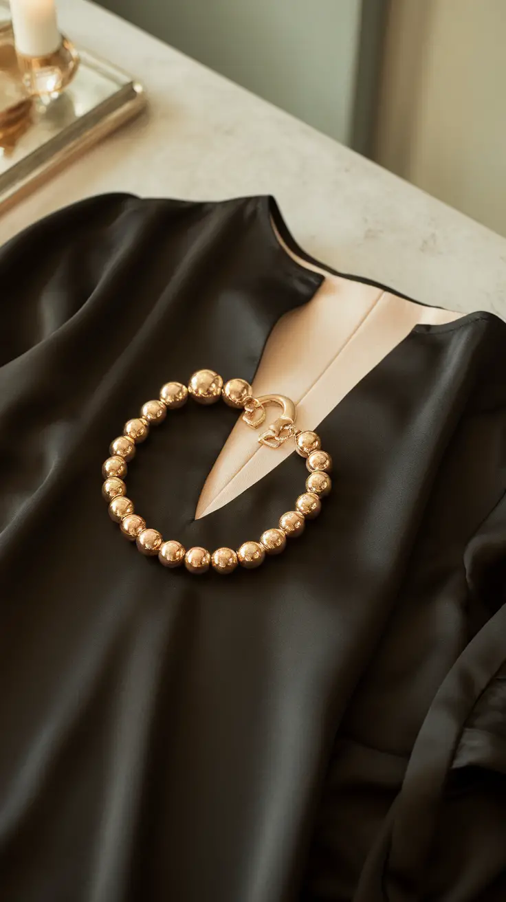 A chunky gold bracelet resting on a black dress with a v-neckline.