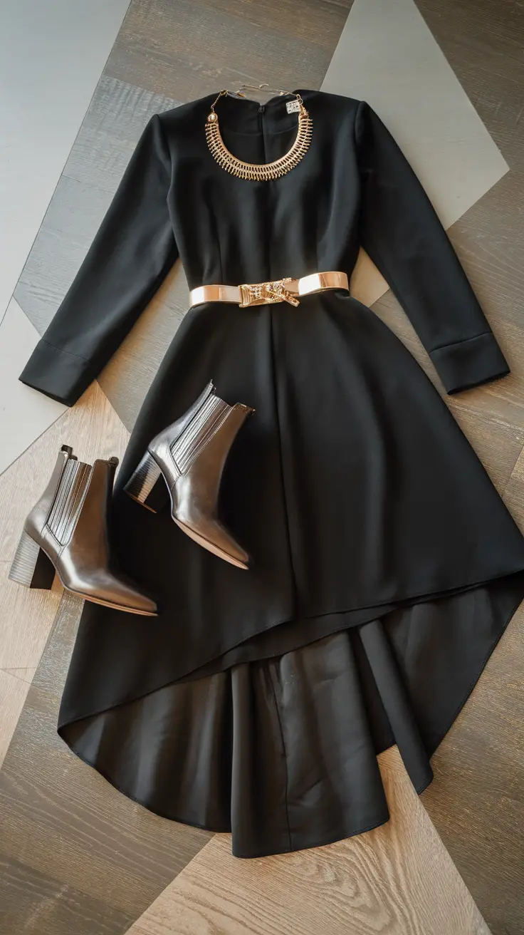 A stylish outfit featuring a black dress with a unique hemline, a gold belt, a statement necklace, and elegant ankle boots.
