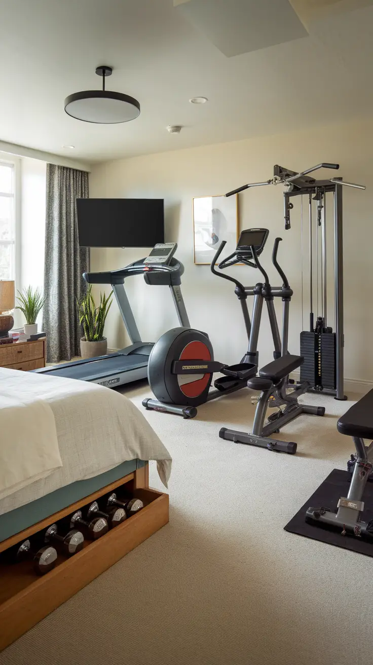 A cozy bedroom with a treadmill, elliptical, and weights stored under the bed.