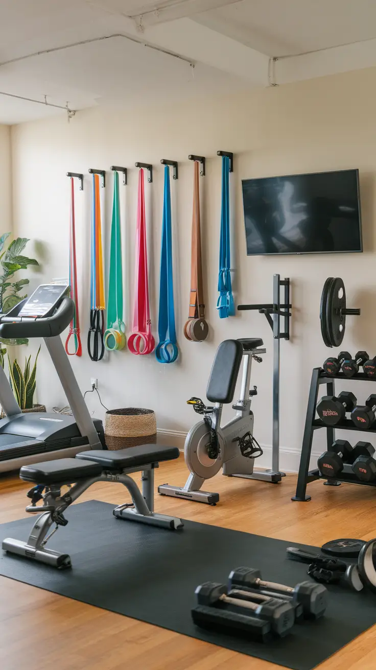 A well-organized home gym with a resistance band rack, treadmill, stationary bike, and dumbbells.