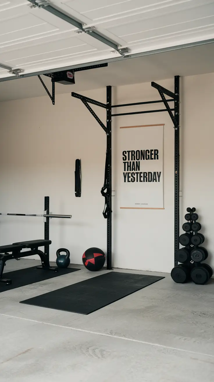 Wall-mounted pull-up bar with rings in a home gym setting