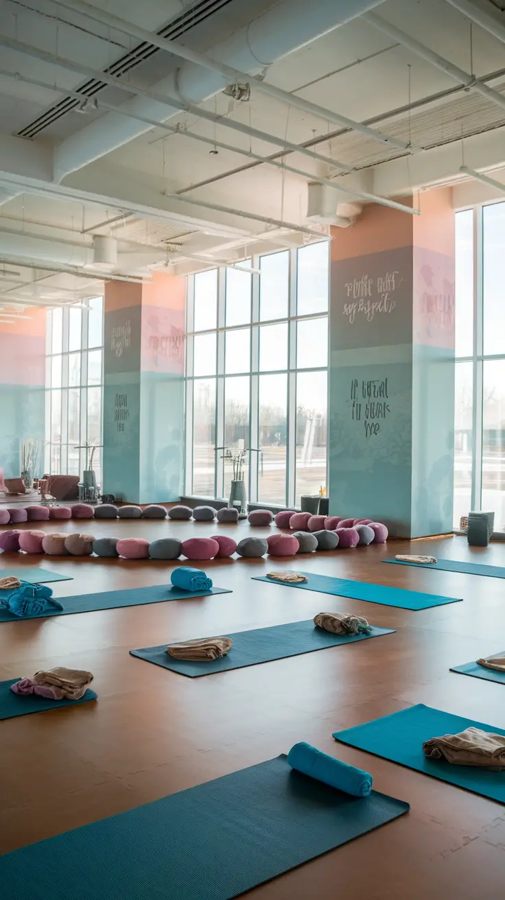 A serene yoga studio with large windows, pastel walls, and neatly arranged mats and cushions.