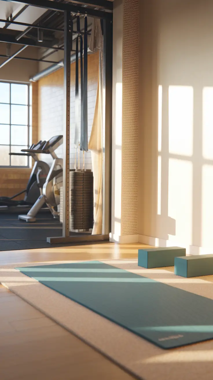 A serene yoga space featuring a blue yoga mat, blocks, and natural light from a window.